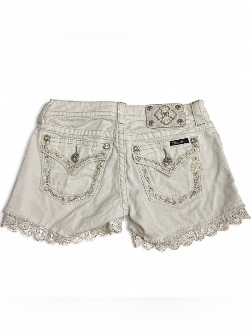 Miss Me Cream Lace-Trim Embroidered Denim Shorts